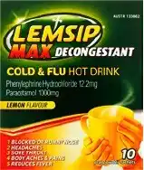 Amcal Pharmacies Lemsip Max Decongestant Cold & Flu Hot Drink Lemon Flavour 10 Sachets offer