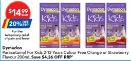 Amcal Pharmacies Dymadon Paracetamol For Kids 2-12 Years Colour Free Orange or Strawberry Flavour offer