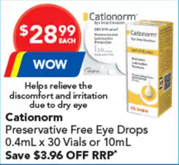 Amcal Pharmacies Cationorm Preservative Free Eye Drops 30 Vials offer