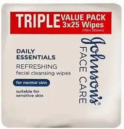Priceline Johnson's Face Care Daily Essentials Refreshing Facial Cleansing Wipes For Normal Skin 3x25 Wipes offer