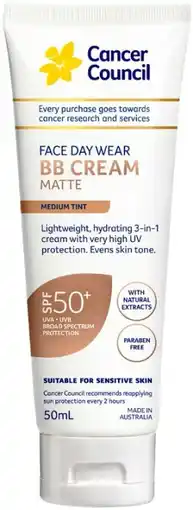 Priceline Cancer Council Face Day Wear BB Cream Matte SPF 50+ Medium Tint offer