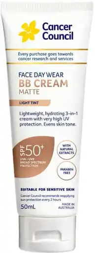 Priceline Cancer Council Face Day Wear BB Cream Matte SPF 50+ Light Tint offer