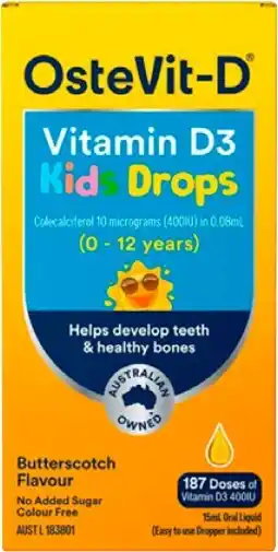 Amcal Pharmacies OsteVit-D Vitamin D3 Kids Drops Oral Liquid Butterscotch Flavour offer