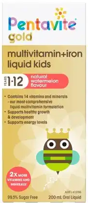 Amcal Pharmacies Pentavite Gold Multivitamin + Iron Liquid Kids 1-12 Years Watermelon Flavour offer