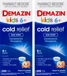 Amcal Pharmacies Demazin Kid 6+ Cold Relief Blue Syrup Peach & Vanilla Flavour offer