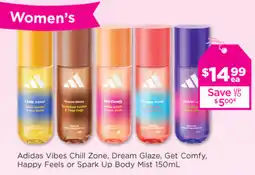Good Price Pharmacy Adidas vibes chill zone, dream glaze, get comfy, happy feels or spark up body mist offer