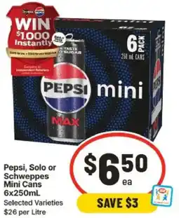 IGA Pepsi solo or schweppes mini cans offer