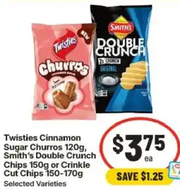 IGA Twisties Cinnamon Sugar Churros Smiths Double Crunch Chips or Crinkle Cut Chips offer
