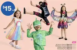 BIG W Unicorn Costume Sizes 2-3 Dinosaur Costume Sizes 2-3, Ninja Costume Sizes 6-8, or Butterfly Dress Sizes 6-8 offer