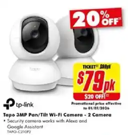 The Good Guys Tapo 3MP Pan/Tilt Wi-Fi Camera - 2 Camera offer