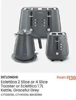 Myer DE'LONGHI Eclettica 2 Slice or 4 Slice Toaster or Eclettica Kettle, Graceful Grey offer