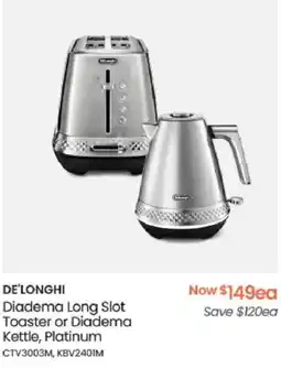 Myer DE'LONGHI Diadema Long Slot Toaster or Diadema Kettle, Platinum offer