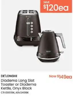 Myer DE'LONGHI Diadema Long Slot Toaster or Diadema Kettle, Onyx Black offer