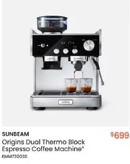 Myer SUNBEAM Origins Dual Thermo Block Espresso Coffee Machine offer