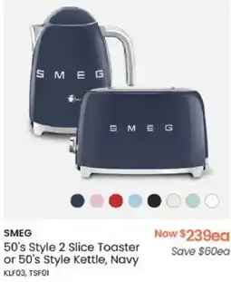Myer SMEG 50's Style 2 Slice Toaster or 50's Style Kettle, Navy offer
