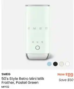 Myer SMEG 50's Style Retro Mini Milk Frother, Pastel Green offer