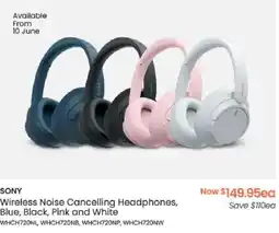 Myer SONY Wireless Noise Cancelling Headphones, Blue, Black, Pink and White offer