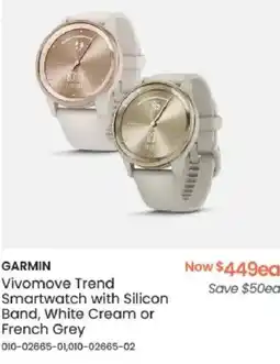 Myer GARMIN Vivomove Trend Smartwatch with Silicon Band, White Cream or French Grey offer