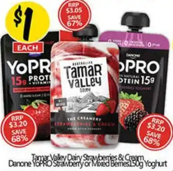 Tamar Valley Dairy Strawberries & Cream Danone YoPRO Strawberry or Mixed Bemes Yoghurt