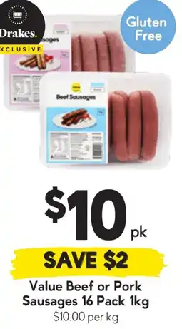 Drakes Value Beef or Pork Sausages offer