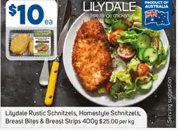 Foodland Lilydale Rustic Schnitzels, Homestyle Schnitzels, Breast Bites & Breast Strips offer