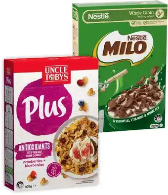 IGA Uncle Tobys Plus Cereal 410‑435g or Nestlé Milo Cereal 330‑350g Selected Varieties offer