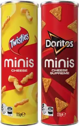 IGA Twisties Cheese 115g, Doritos Cheese Supreme 120g or Cheetos Cheese & Bacon 90g Minis Canister offer