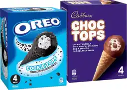 IGA Cadbury Choc Tops or Oreo Cookie Top Ice Cream Cones 4 Pack offer