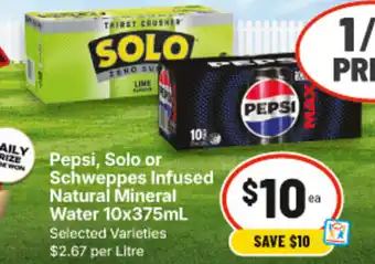 Pepsi, Solo or Schweppes Infused Natural Mineral Water