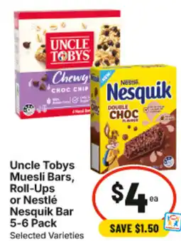 IGA Uncle Tobys Muesli Bars, Roll-Ups or Nestlé Nesquik Bar offer