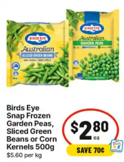 IGA Birds Eye Snap Frozen Garden Peas Sliced Green Beans or Corn Kernels offer