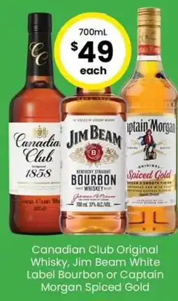 The Bottle O Canadian Club Original Whisky, Jim Beam White Label Bourbon or Captain Morgan Spiced Gold offer