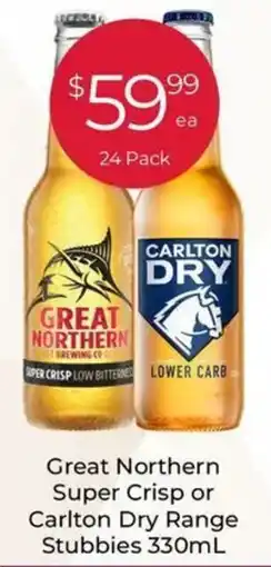 Porters Great Northern Super Crisp or Carlton Dry Range Stubbies offer