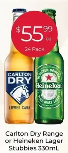 Porters Carlton Dry Range or Heineken Lager Stubbies offer