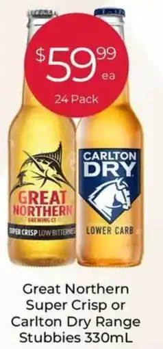 Porters Great Northern Super Crisp or Carlton Dry Range Stubbies offer