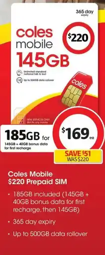 Coles Coles Mobile $220 Prepaid SIM offer