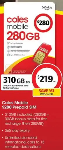 Coles Coles Mobile $280 Prepaid SIM offer