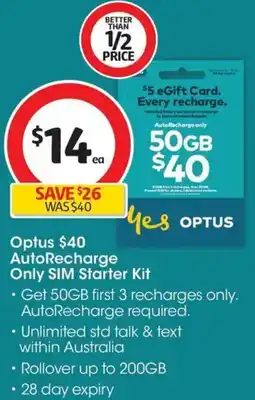 Coles Optus $40 AutoRecharge Only SIM Starter Kit offer