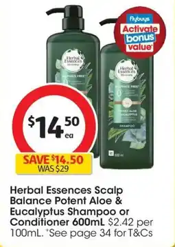 Coles Herbal Essences Scalp Balance Potent Aloe & Eucalyptus Shampoo or Conditioner offer