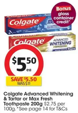 Coles Colgate Advanced Whitening & Tartar or Max Fresh Toothpaste offer