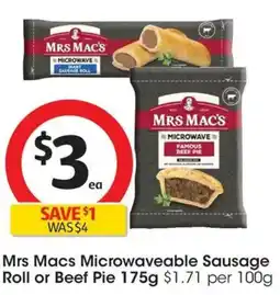 Coles Mrs Macs Microwaveable Sausage Roll or Beef Pie offer