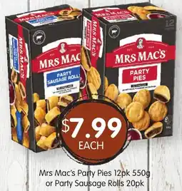 Spudshed Mrs Macs Party Pies 12pk or Party Sausage Rolls 20pk offer