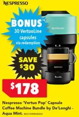 Harvey Norman Nespresso Vertuo Pop Capsule Coffee Machine Bundle by De Longhi Aqua Mint offer