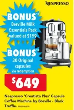 Harvey Norman Nespresso Creatista Plus Capsule Coffee Machine by Breville Black Truffle offer