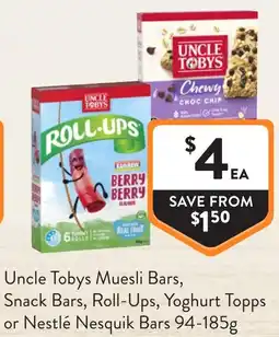 Foodworks Uncle Tobys Muesli Bars Snack Bars Roll Ups Yoghurt Topps or Nestlé Nesquik Bars offer