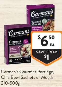 Foodworks Carmans Gourmet Porridge Chia Bowl Sachets or Muesli offer