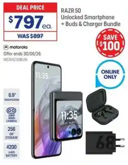 Officeworks Motorola razr 50 unlocked smartphone buds & charger bundle offer