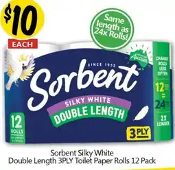NQR Sorbent silky white double length 3ply toilet paper rolls offer