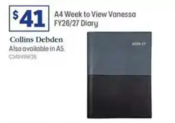 Officeworks A4 Week to View Vanessa FY26/27 Diary offer