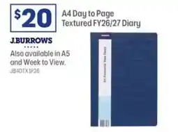 Officeworks J.burrows A4 Day to Page Textured FY26/27 Diary offer